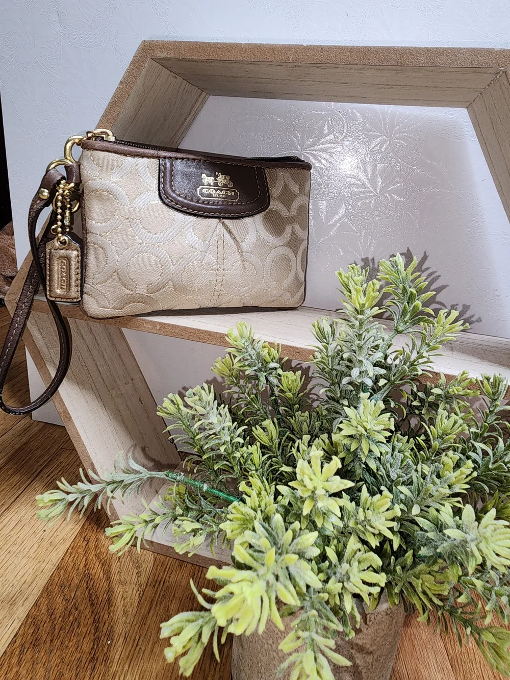 Coach Beige Signature Wristlet with Brown Leather Trim